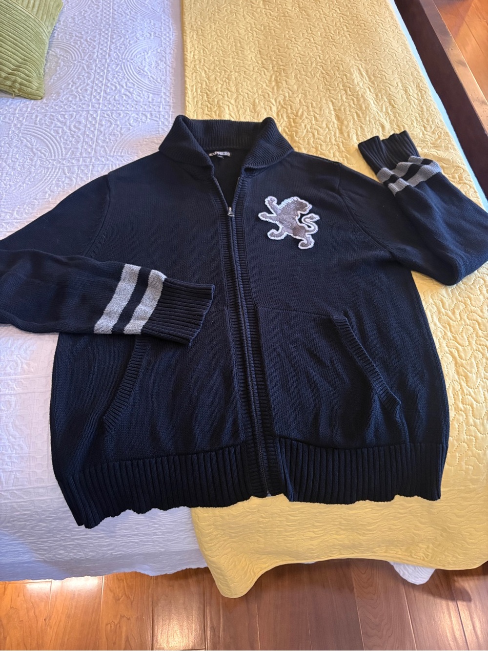 Express Men's Navy Zip-Up Sweater with Contrast Crest and Stripe Detail